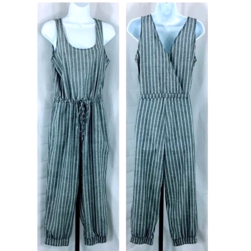 Anthropologie Jumpsuit Drew Gray Striped Drawstring Waist Jogger Sleeveless Sz S